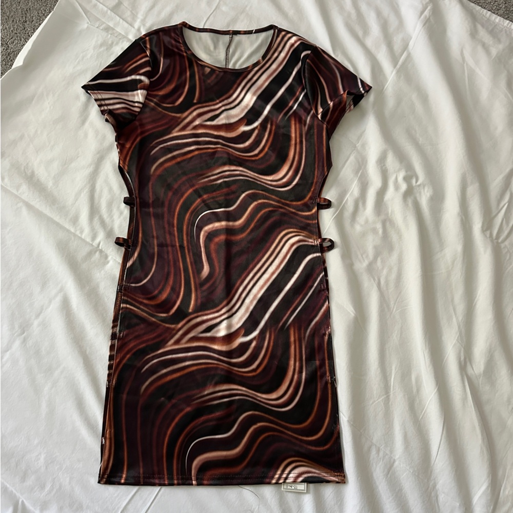 Vintage Y2K Brown Techno Wave Strappy Dress Coverup Size Medium